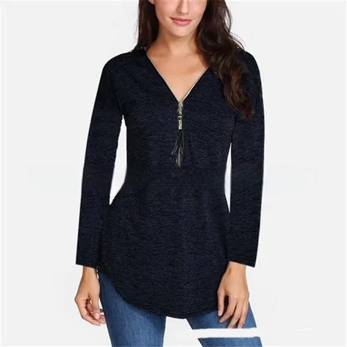 Tassel Zipper Swallowtail Solid Colour Casual Long-sleeved - Black