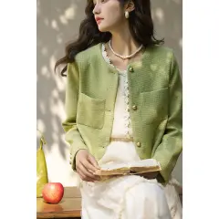 Women's French Retro Round Neck Short Jacket - Green - View 1