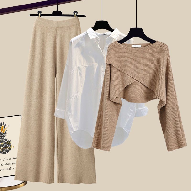 3pcs Knitted Sweater Suit With Shirt And Wide Leg Pants Autumn And Winter Suit W - Picture 11 of 16