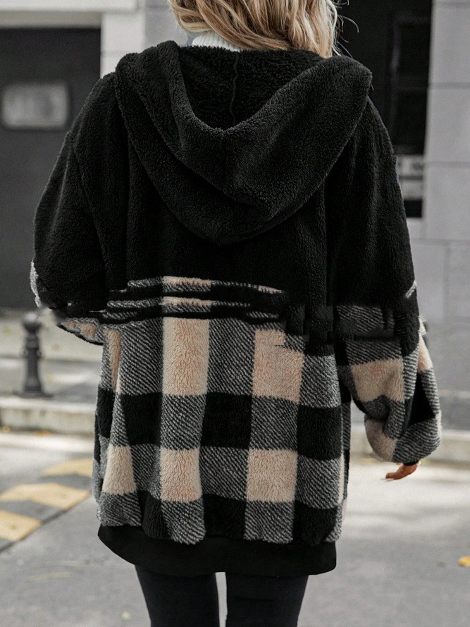 Women's Contrast Color Hooded Plush Coat