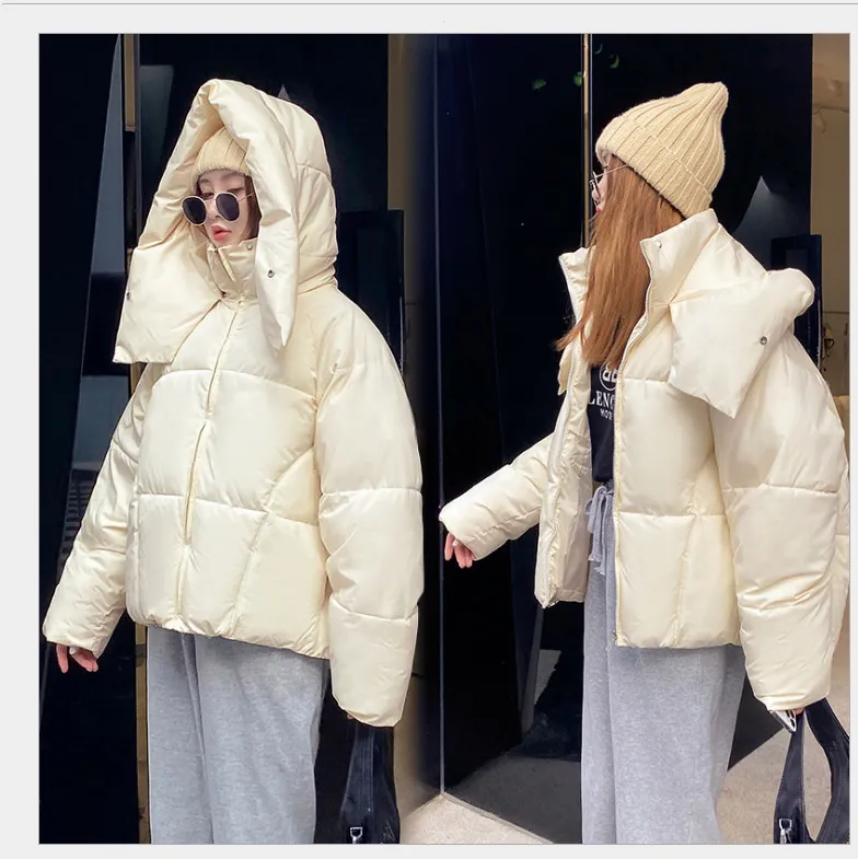 Puffy Hooded Bread Short Cotton-padded Jacket For Women Thick Loose - White