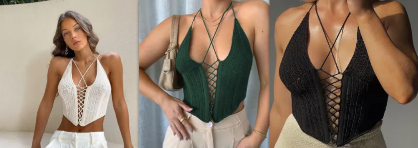 Women's Navel Cutout Fishbone Tie Sweater Tank Top - Set