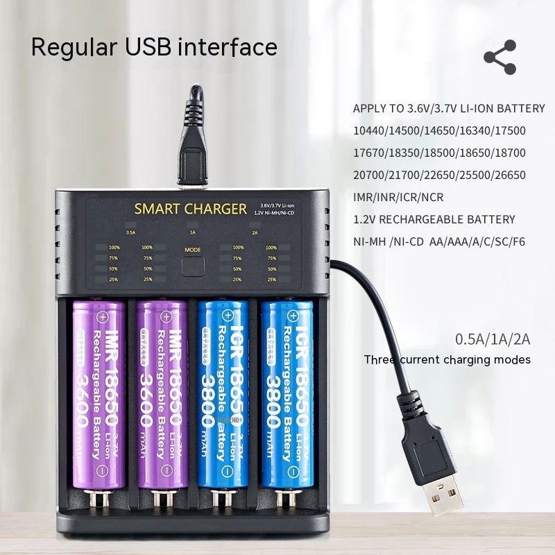 18650 Charger 4 Slot USB Lithium Ion 37V Battery Aani-mh 12V Battery High Current 2A Charging Case Four slot 26650style