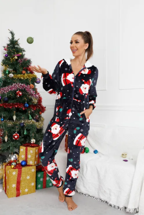 Red Hat Flannel Printed Jumpsuit Pajamas Home Clothing Navy Blue - Shop at LoveMi