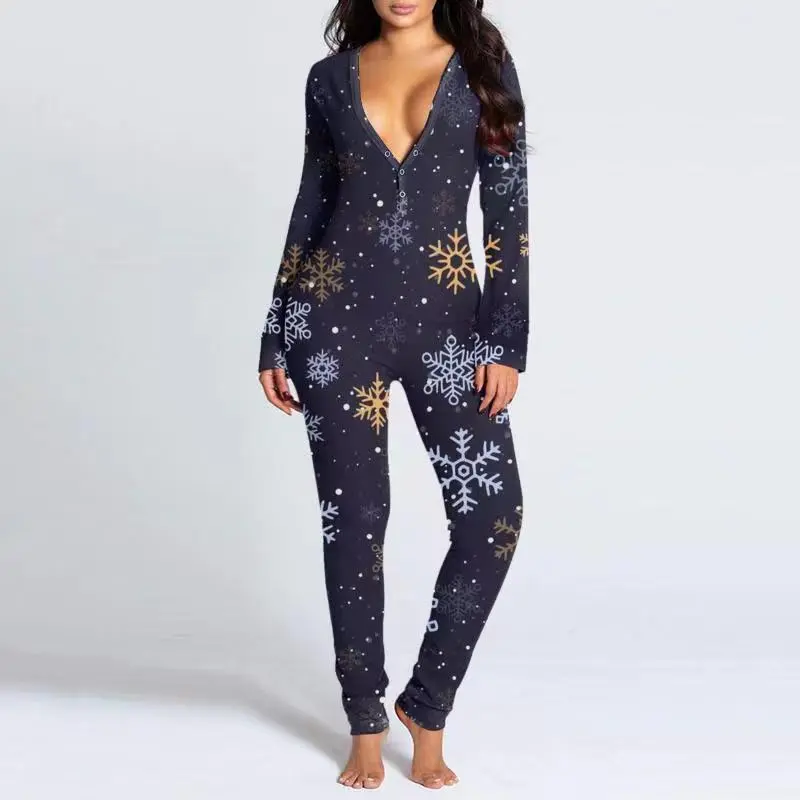 Printed Button Tight Jumpsuit For Women - Navy Blue