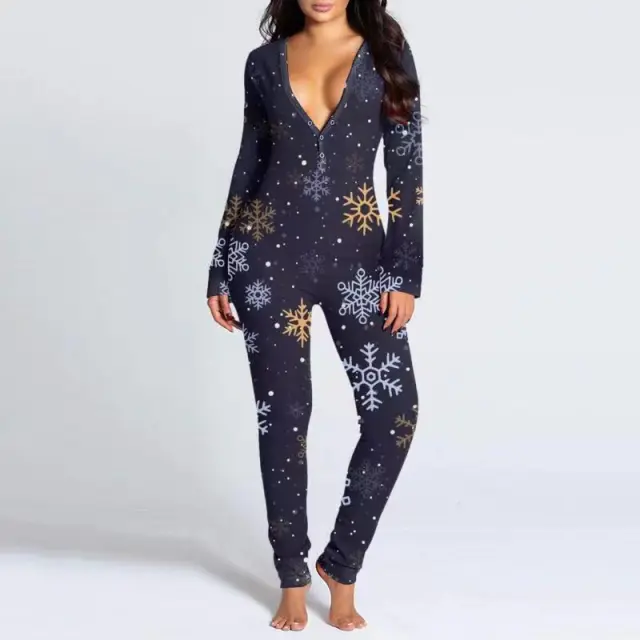 Printed Button Tight Jumpsuit For Women Navy Blue - Shop at LoveMi