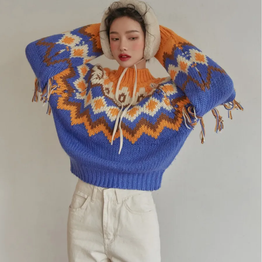 New Christmas Style Contrast Color Dotted Tassel Pullover Thick Sweater - Blue