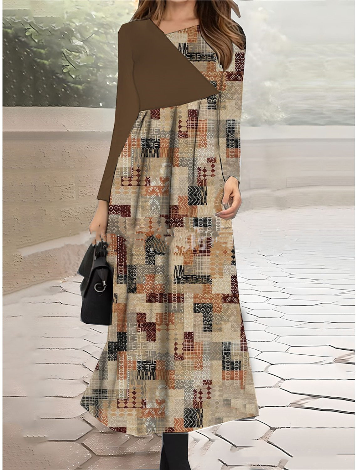 فساتين نسائية بياقة مائلة وتطريز طباعي