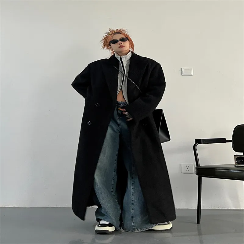 British Style Thick Black Loose Extended Velvet Woolen Coat - Black
