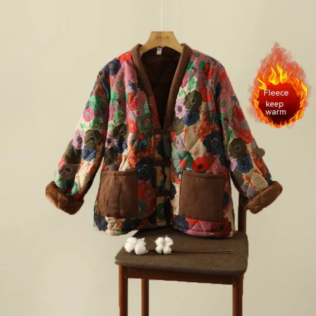 Floral Jacket Ethnic Print Fleece lined Thickened Cotton padded Coat Plus Size Women's Clothing Brown - Shop at LoveMi
