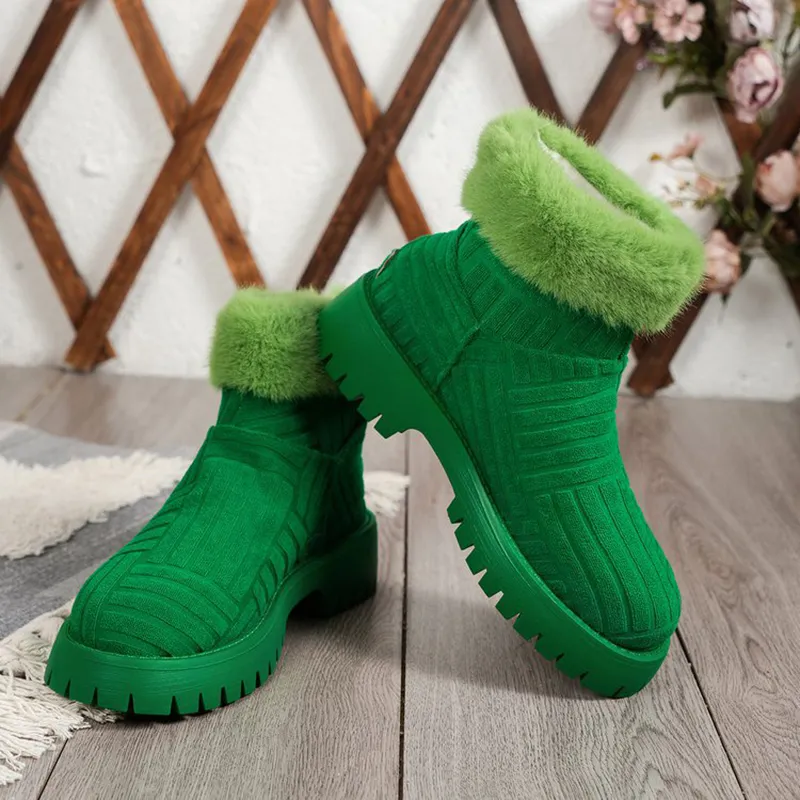 Winter Ankle Boots Fashoin Thick-soled Thickened Snow Boots For Women Plush Shoes - Green