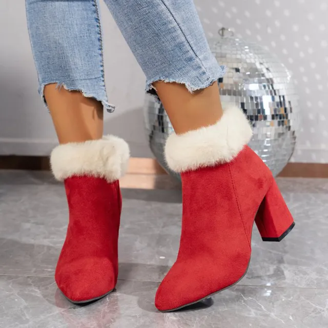 New Plaid Print Plush Ankle Boots Winter Fashoin Square Heel Suede Boots Women Casual Versatile Shoes Autumn And Winter Red - Shop at LoveMi