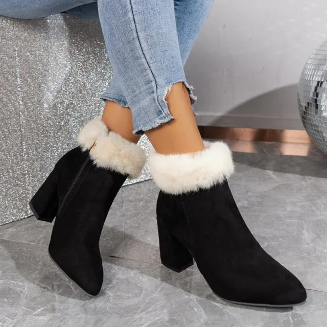 New Plaid Print Plush Ankle Boots Winter Fashoin Square Heel Suede Boots Women Casual Versatile Shoes Autumn And Winter Black - Shop at LoveMi
