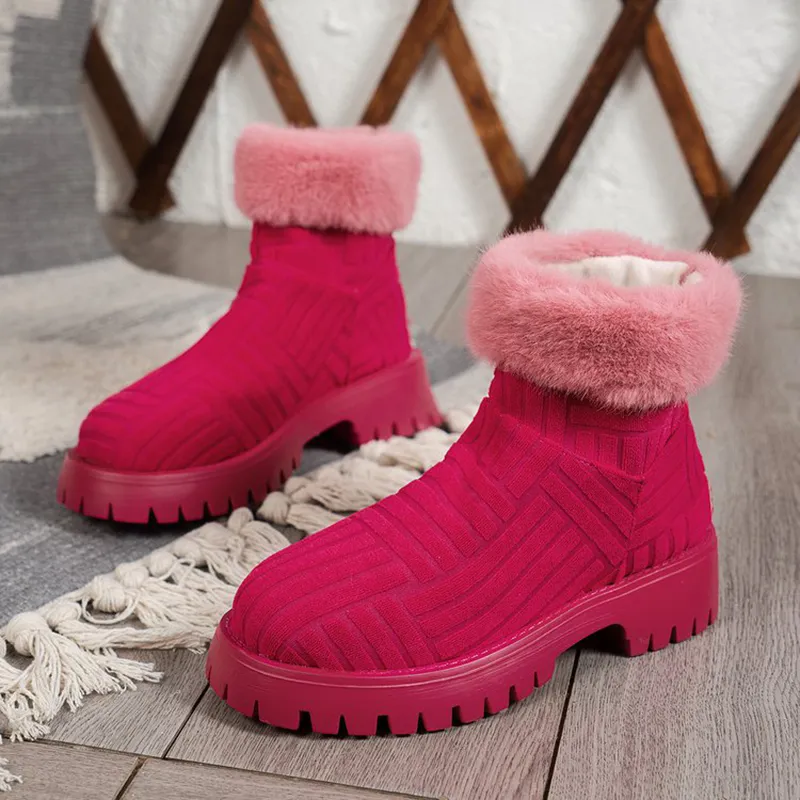 Winter Ankle Boots Fashoin Thick-soled Thickened Snow Boots For Women Plush Shoes - Red