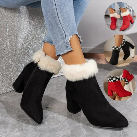 New Plaid Print Plush Ankle Boots Winter Fashoin Square