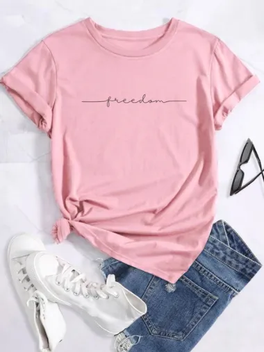 European And American Digital Printing Casual Round Neck T-shirt - Pink2.