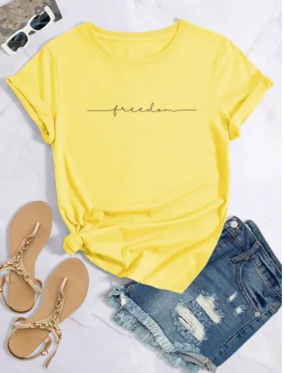 European And American Digital Printing Casual Round Neck T shirt Yellow - Shop at LoveMi