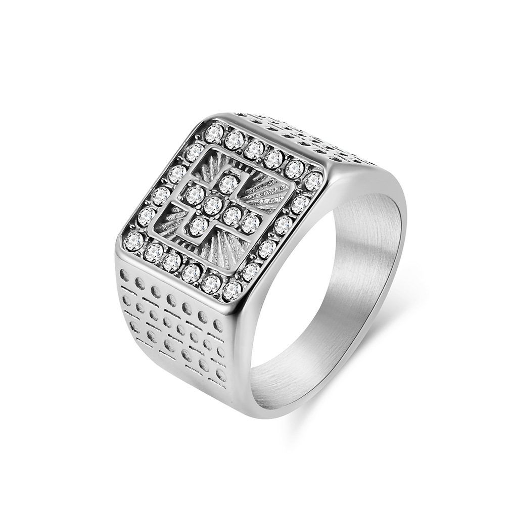 European And American Style Titanium Steel 18K Gold Plating Cross Full Diamond Ring Hip Hop Ear Accessories