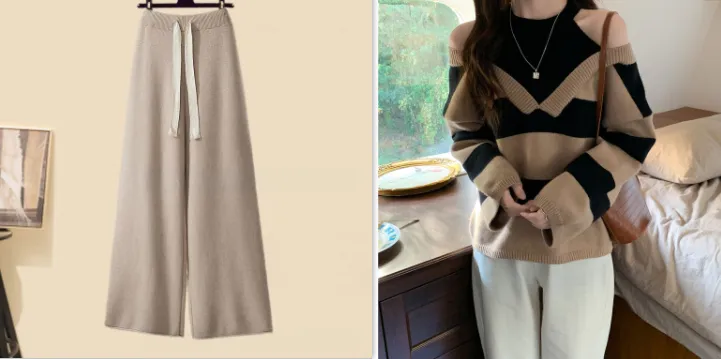Long Cardigan With Turtleneck Sweater Wide Leg Pants - Set4.