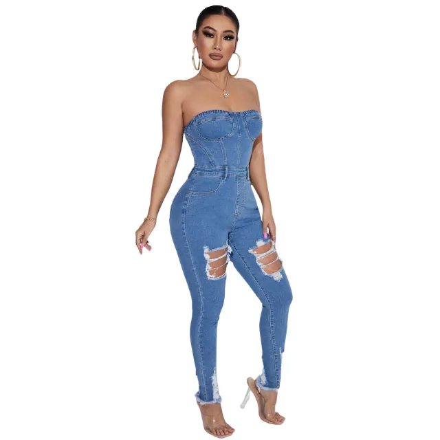 Women's Tube Top Slim Fit Denim Jumpsuit Light Blue - Shop at LoveMi
