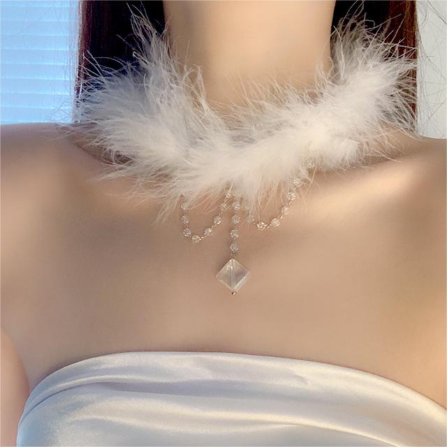 White Furry Crystal Necklace