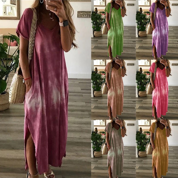 Tie-dye Printed V-neck Pocket Long Dress