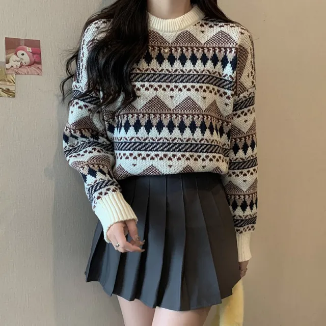 Soft Glutinous Ancient Pullover Knitted Long Sleeve Sweater Brown - Shop at LoveMi