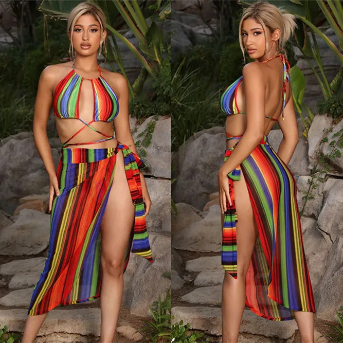Swimsuit Beach Dress Striped Bikini - Red