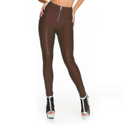 Ladies Black Solid Color Slim Zipper PU Leather Leggings - Coffee - View 1
