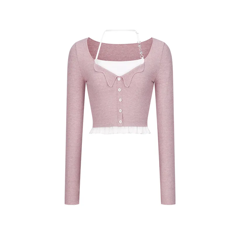 Knitted Lace Fake Two-piece Top - Flower Ash Powder-M