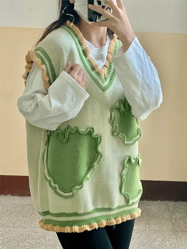 Sleeveless Vest Knit Sweater In College Style Green - Shop at LoveMi