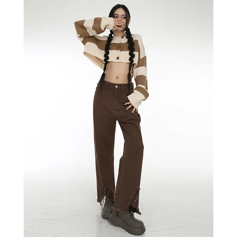 Coffee Colored Distressed Cropped Jeans For Women - Coffee