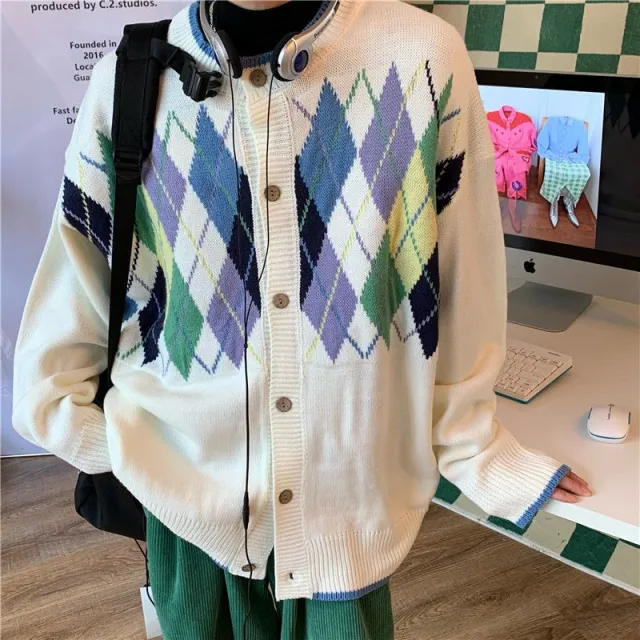 Style Retro Color Block Diamond Pattern Sweater Jacket White - Shop at LoveMi