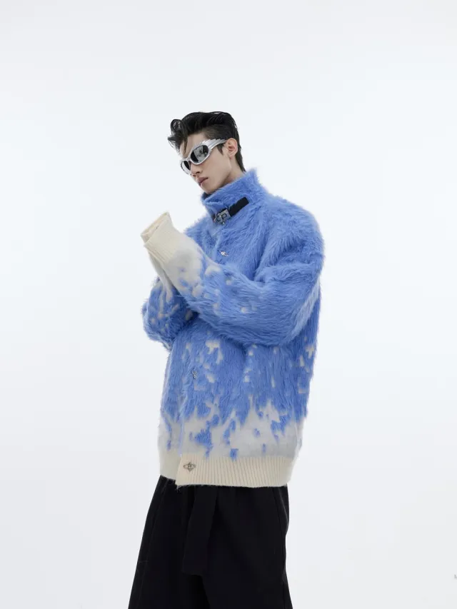 Small Group Gradient Stand Up Collar Knitted Sweater Jacket Blue - Shop at LoveMi