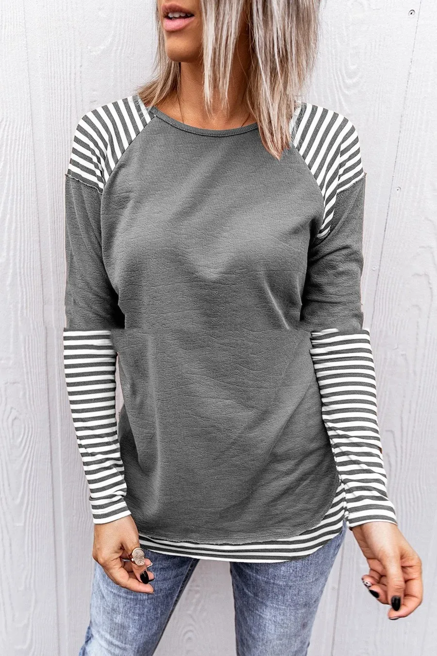 Round Neck Patchwork Stripes Loose Women's Long Sleeve - Gray
