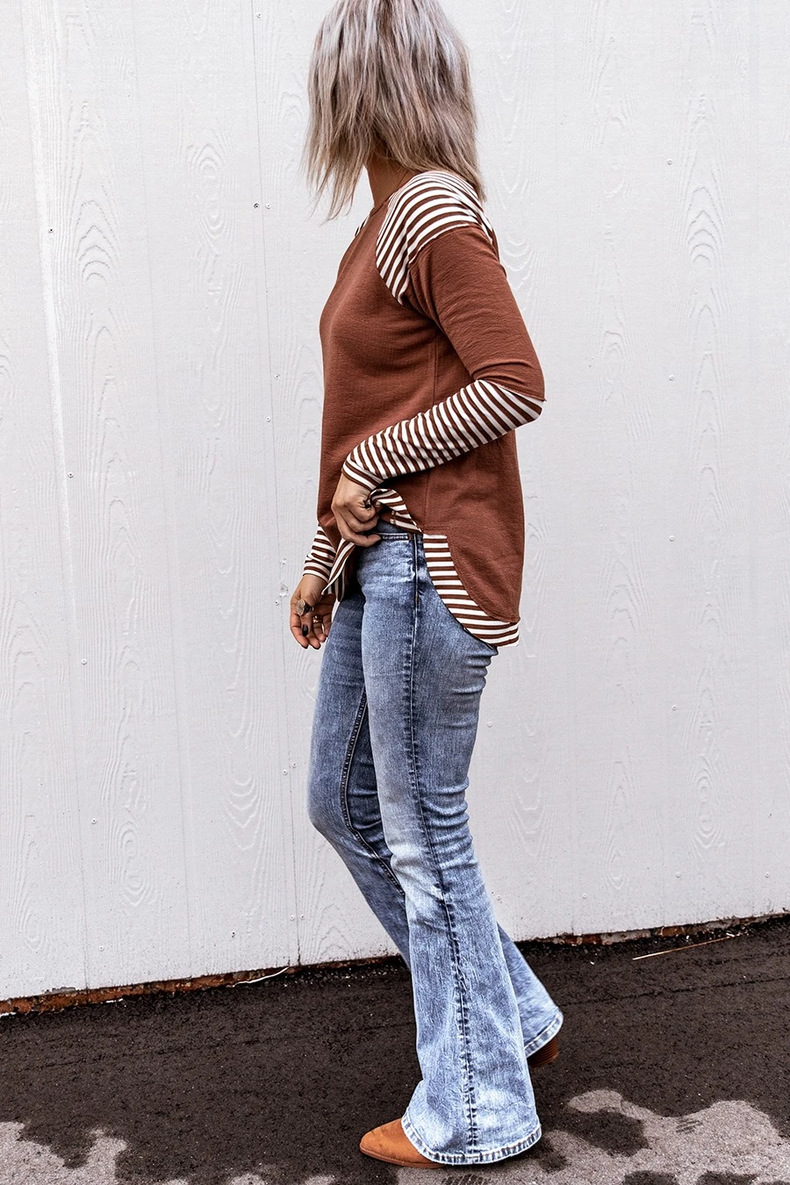 Round Neck Patchwork Stripes Loose Women's Long Sleeve