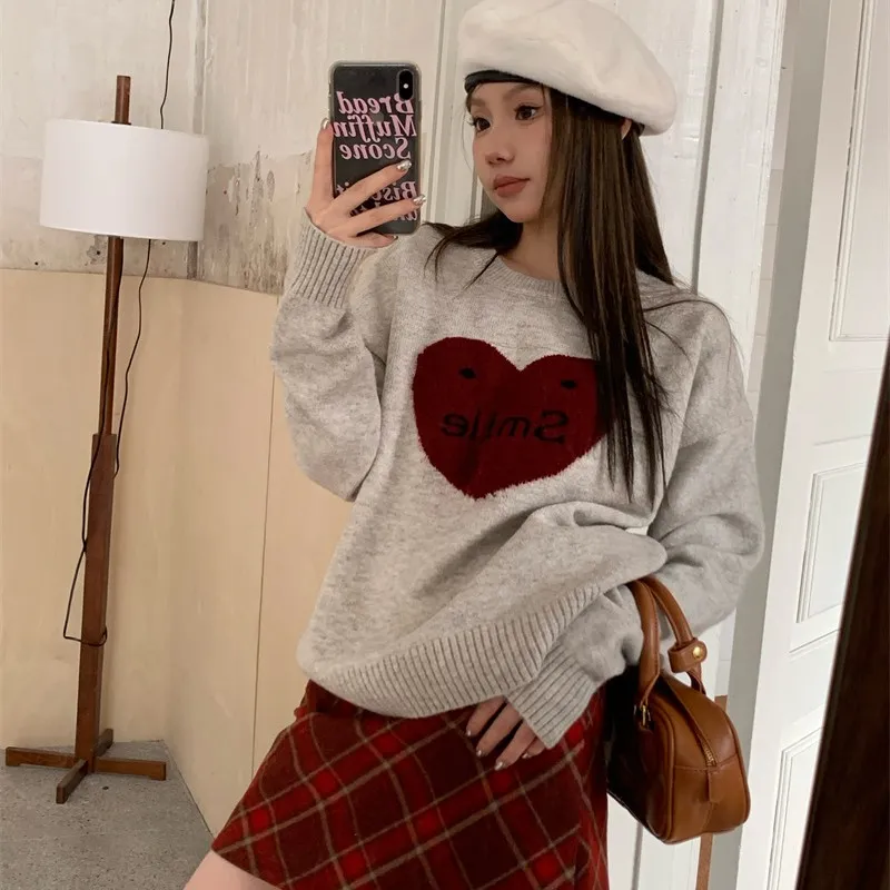Love Jacquard Long Sleeved Pullover Sweater For Women - Top