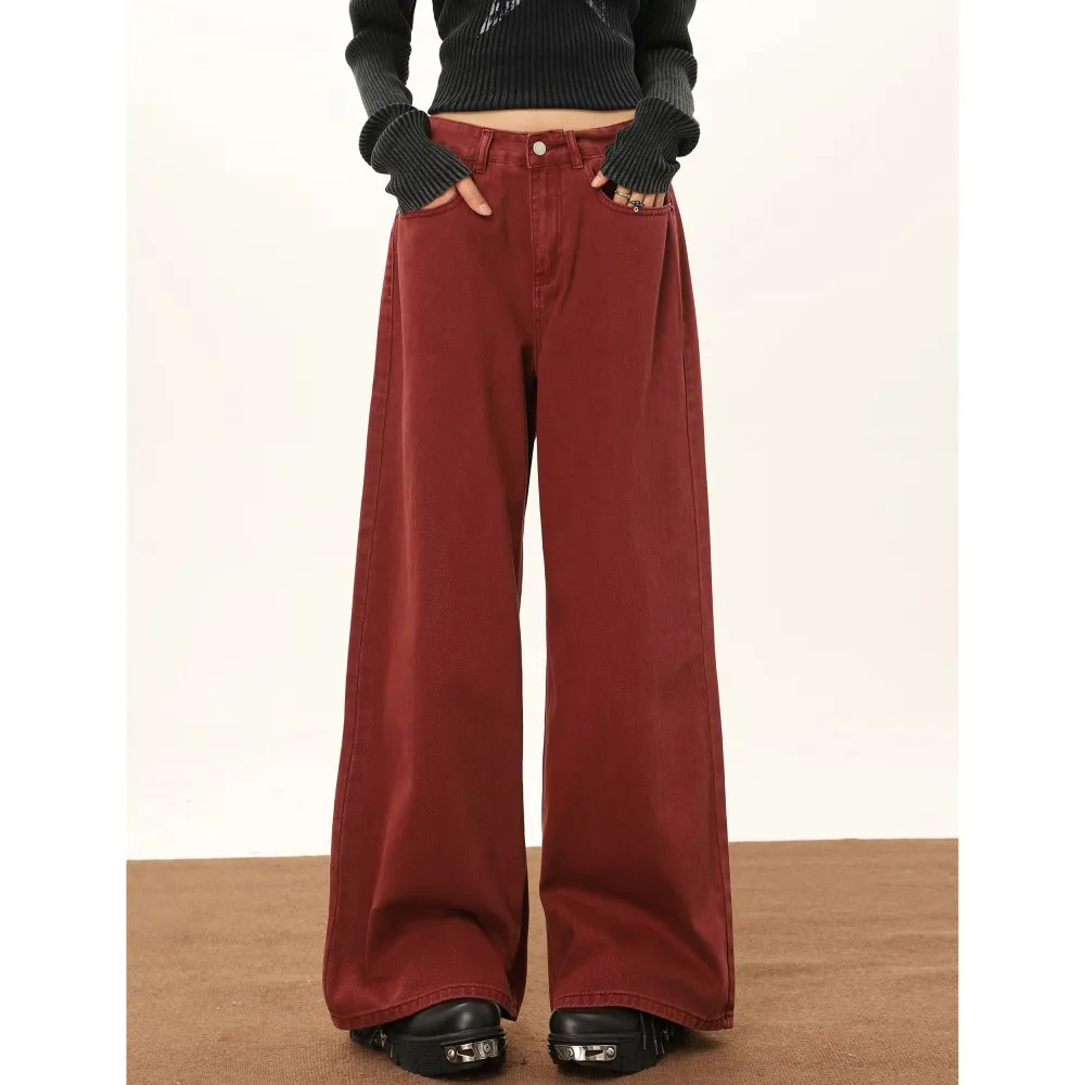 Wine Red Wide Leg Jeans For Women In Autumn And Winter - Wine