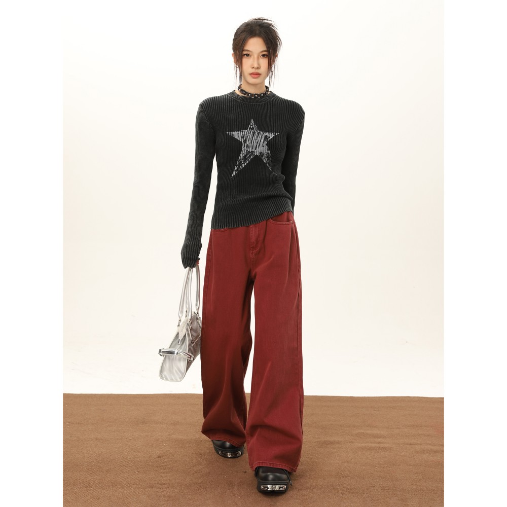 Wine Red Wide Leg Jeans For Women In Autumn And Winter
