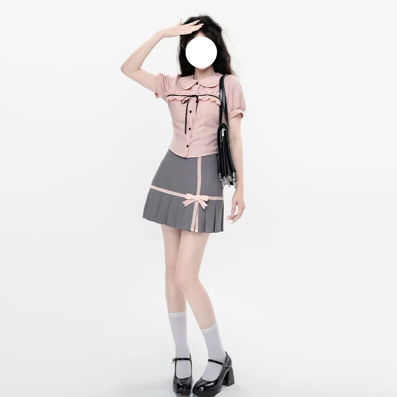 Short Pleated Skirt With Waistband Shirt - Grey Half Skirt