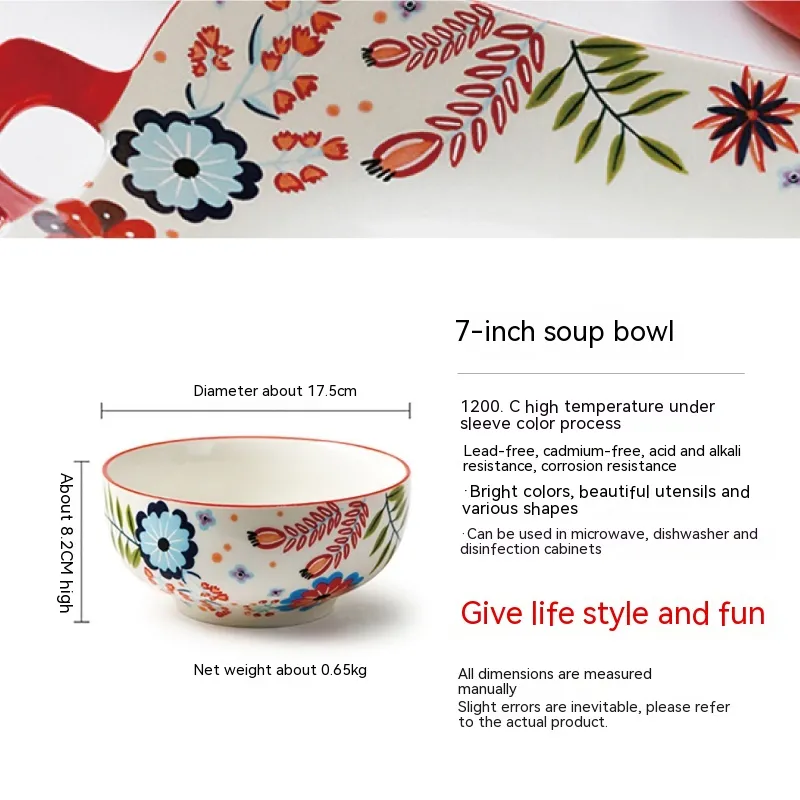 Home American Tableware Hand Drawn Creative Floral Style - 7Inch Soup Bowl