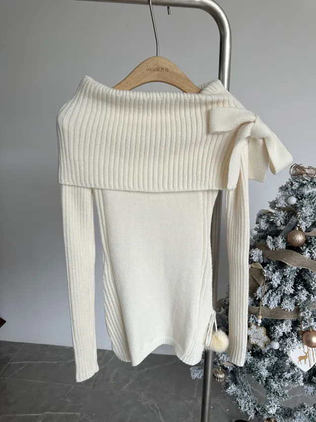 Women's One Shoulder Bow Knit Sweater White - Shop at LoveMi