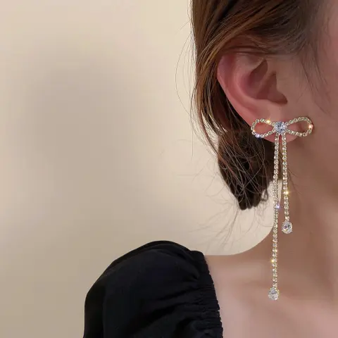 Fashion Jewelry Silver Needle Long Bow Tie Full-jeweled Stud
