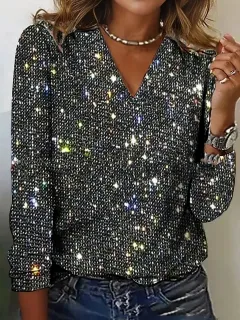 Women's Pure Colour Sequins Long-sleeved T-shirt - Dark Grey - View 1