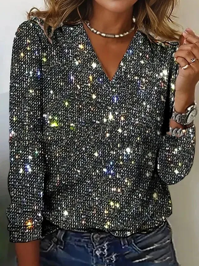 Women's Pure Color Sequins Long sleeved T shirt Dark Gray - Shop at LoveMi