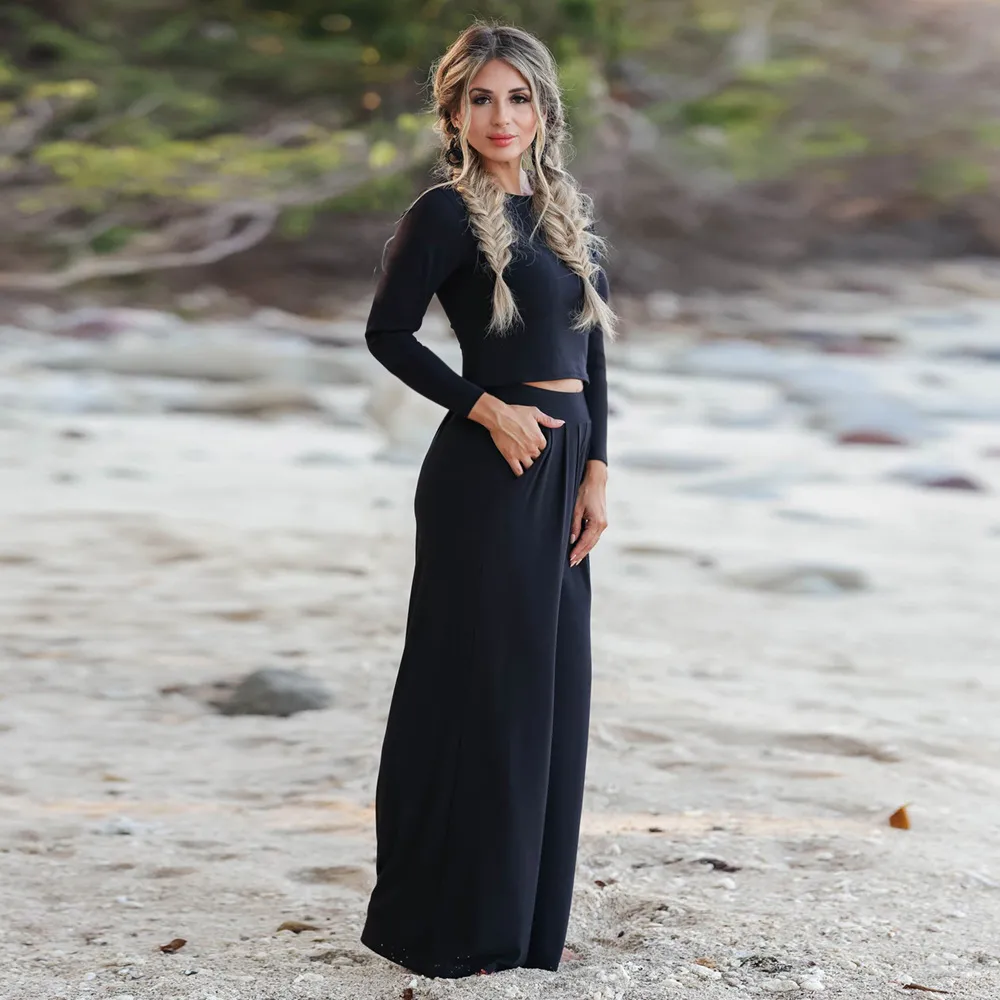 New Short-sleeved T-shirt And Trousers Two-piece Set Suit - Black Long Sleeve