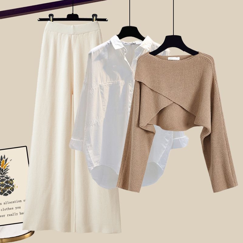 3pcs Knitted Sweater Suit With Shirt And Wide Leg Pants Autumn And Winter Suit W - Picture 13 of 16