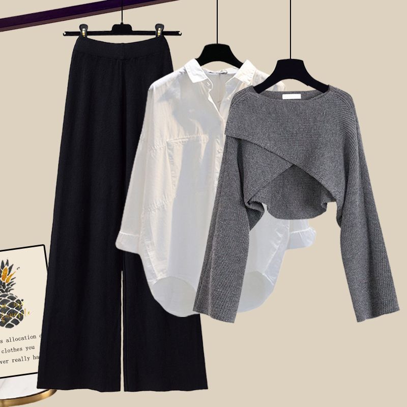 3pcs Knitted Sweater Suit With Shirt And Wide Leg Pants Autumn And Winter Suit W - Picture 16 of 16