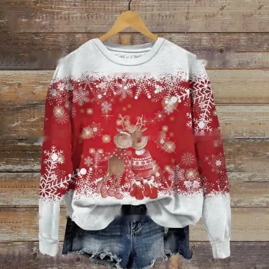 Autumn And Winter Ladies Funny Print Christmas Holiday Casual Round Neck Sweater - W4017-3Xl