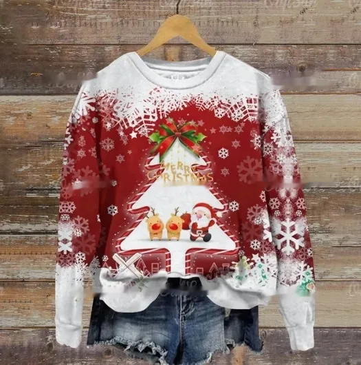 Autumn And Winter Ladies Funny Print Christmas Holiday Casual Round Neck Sweater W4011 - Shop at LoveMi